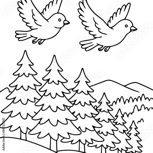 Soaring Harmony: Two birds gracefully glide above a tranquil landscape of evergreen trees and distant mountains, forming a peaceful scene of nature's beauty and serenity.