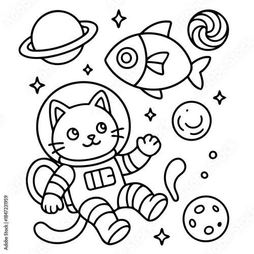 Celestial Explorer: A cartoon astronaut cat floats amidst a whimsical space scene, alongside a playful rocket fish, planet, and swirling galaxy.