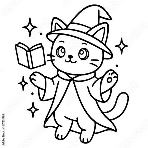 Magical Cat with Spell Book: A charming feline sorcerer in a wizard hat, enchanting spell book levitates mid-air. It embodies a realm of imagination and a touch of fantasy.