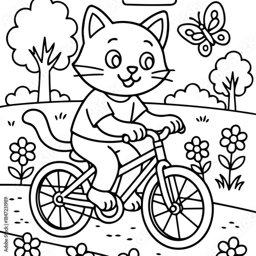 Cat Riding Bicycle: A whimsical image of a cheerful cat, pedaling joyfully on a bicycle through a sunny garden, with a playful butterfly fluttering nearby.