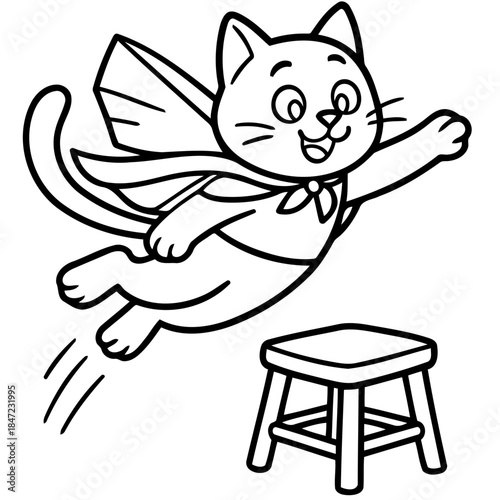 Heroic Cat's Soaring Mission: An enchanting cartoon cat, attired as a superhero, soars through the air, embodying courage and imagination. A symbol of bravery.