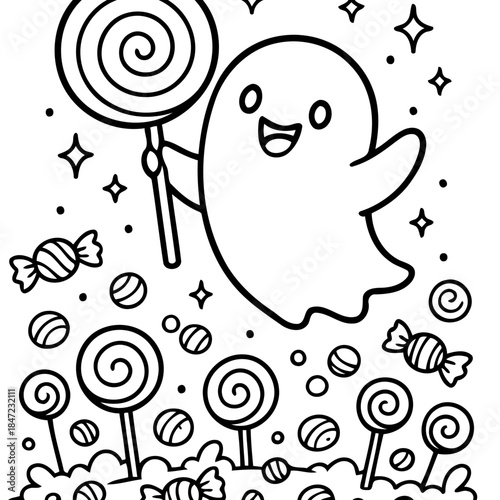 Whimsical Ghost with Swirly Lollipop: A playful spirit, joyfully levitates above a bed of sweets. It holds a lollipop that captures the essence of delightful treats.