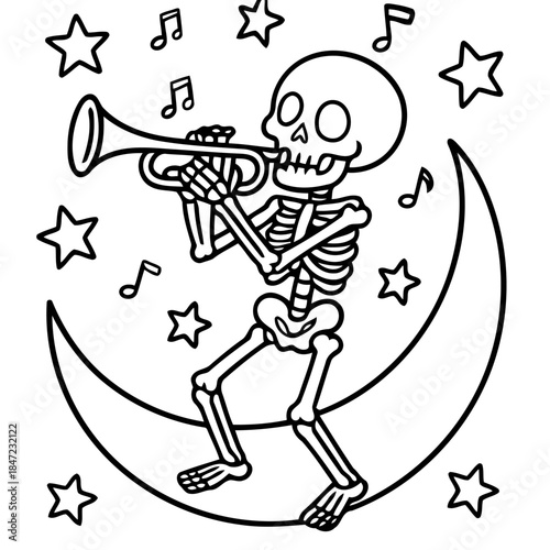 Skeleton Serenade: A whimsical skeleton, serenading under the night sky with a trumpet. Its skeletal form is set against a crescent moon and stars, embodying a unique blend of artistry and musicality.