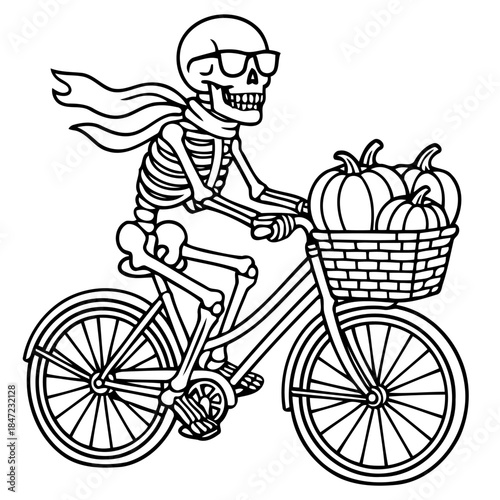 Spooky Cyclist: A playful, black-and-white illustration of a skeleton, sporting stylish sunglasses and a scarf, enjoying a bicycle ride. His basket is brimming with plump pumpkins.