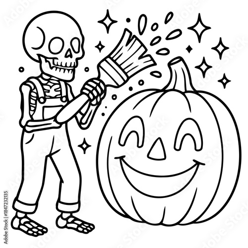 Halloween Artist: A cheerful skeleton artist meticulously paints a vibrant pumpkin, creating a festive masterpiece with an enchanting touch.