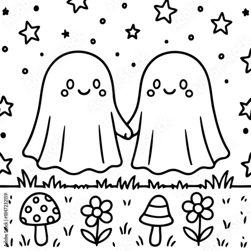 Cute Ghostly Companions: Two endearing cartoon ghosts holding hands in a whimsical scene, amidst stars and a playful garden. A heartwarming representation of friendship and togetherness.