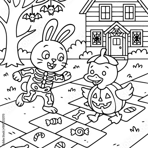 Spooky Halloween Playtime: A playful cartoon depicts a rabbit in a skeleton costume and a duck in a pumpkin costume joyfully playing a game during Halloween season.