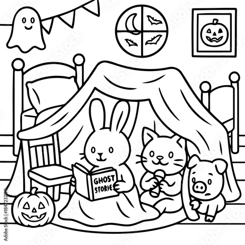Cozy Halloween Storytime: An inviting scene unfolds where a charming rabbit, cat, and piglet are captivated by a captivating ghost story under a cozy tent setup.