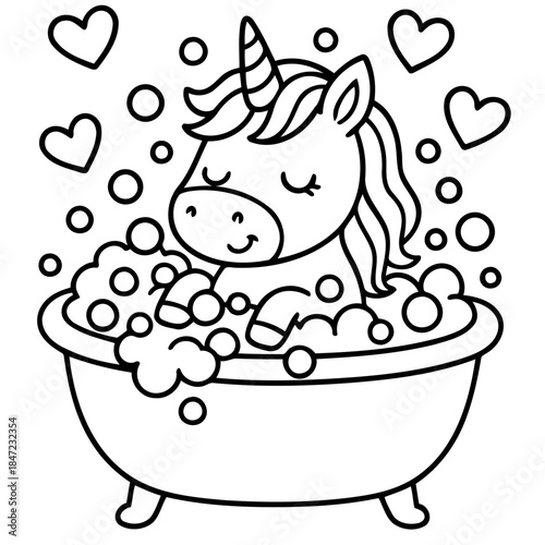 Unicorn Bath Time: A charming illustration shows a unicorn enjoying a relaxing bath, surrounded by bubbles and hearts, creating a whimsical and delightful scene. 