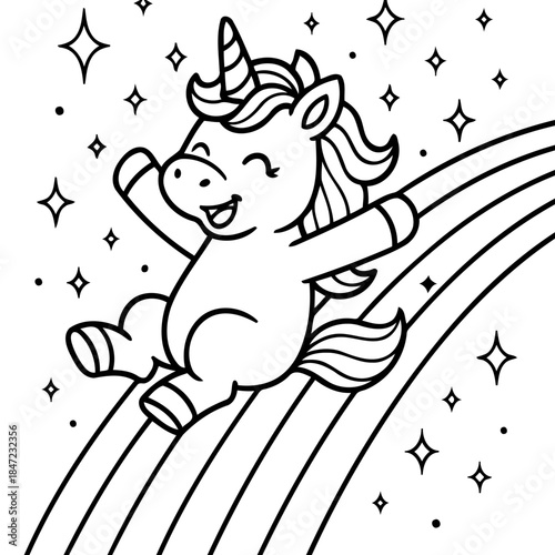 Unicorn's Rainbow Ride: A delightful monochrome illustration of a cheerful unicorn sliding down a vibrant rainbow, sparkling with playful stars. Capturing joy and a sense of wonder.
