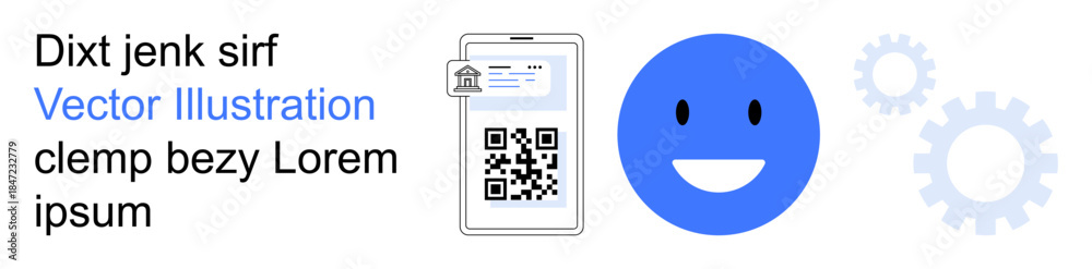 Fototapeta premium Transaction processing, digital identity, automation, user interface, QR code technologies, web development. A device screen shows a QR code with gear and smile icons. QR code technologies