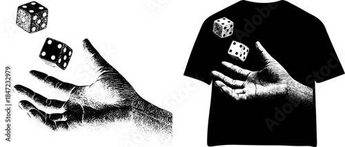 Vintage Hand with Dice Engraving T Shirt Design, Inverted Black White Xerography Vector on Transparent Background