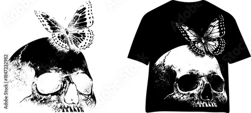 Vintage Butterfly on Skull Engraving T Shirt Design, Inverted Black White Xerography Vector on Transparent Background