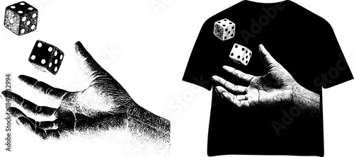 Vintage Hand with Dice Engraving T Shirt Design, Inverted Black White Xerography Vector on Transparent Background