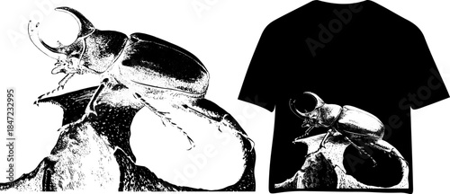 Vintage Stag Beetle on Skull Engraving T Shirt Design, Inverted Black White Xerography Vector on Transparent Background