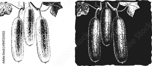 Vintage Cucumber Branch Engraving, Inverted Black White Xerography Vector on Transparent Background