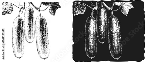 Vintage Cucumber Branch Engraving, Inverted Black White Xerography Vector on Transparent Background