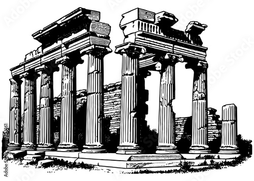 Vintage Ancient Ruins Engraving, Inverted Black White Xerography Vector on Transparent Background