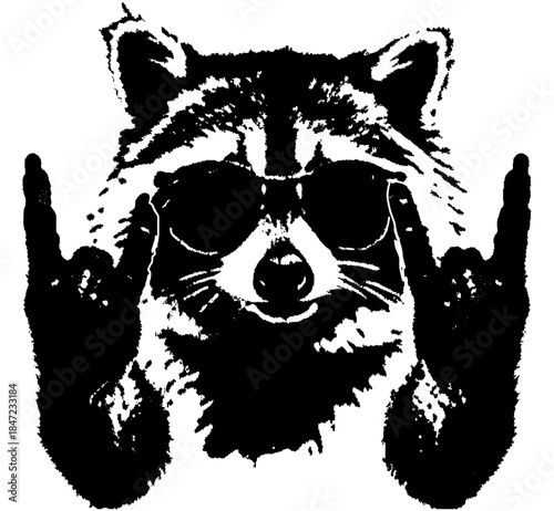 Vintage rock Raccoon with Sunglasses Engraving, Inverted Black White Xerography Vector on Transparent Background