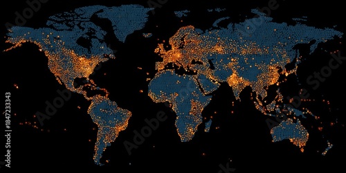 World map at night illuminated with lights showing population centers