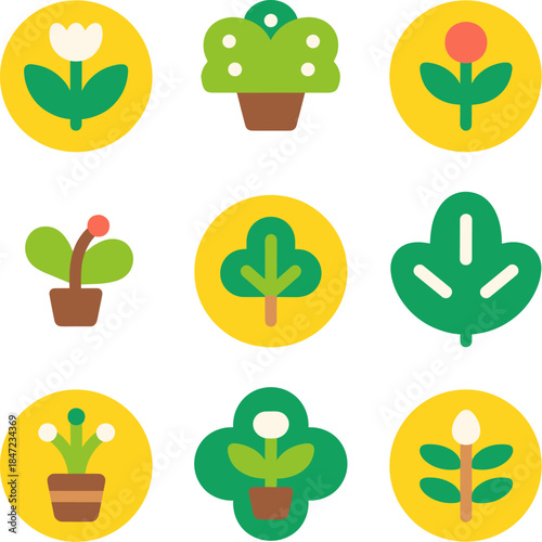 Botanical Icons Flat Design Plants and Flowers