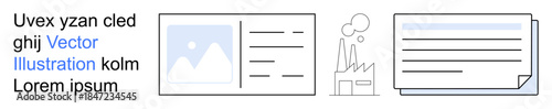 Workflow design, office management, industrial system, environmental impact, paperwork process, manufacturing. documents, a factory and a paper card. Workflow design and office management