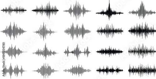 Abstract sound wave visualizations on a white background showcasing diverse audio patterns and frequencies