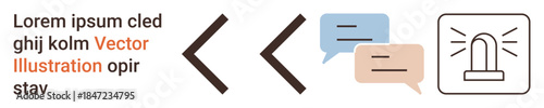 Digital communication, messaging, notification alerts, warning systems, conversations, interface design. Speech bubbles, notification symbol and reverse arrow design. Communication and notification