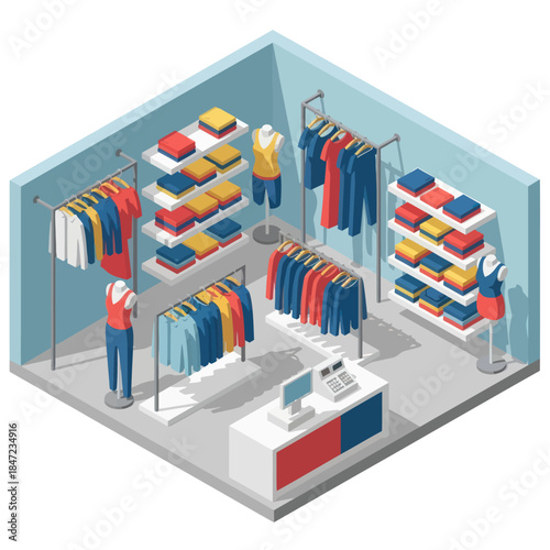 Clothing store interior with mannequins and racks.