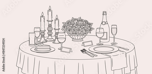 A formal dinner table setting with fine china, wine glasses, and a floral centerpiece viewed from above.