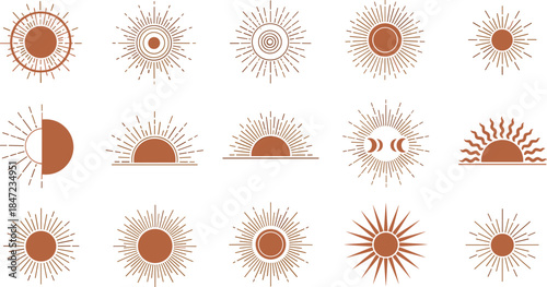 Collection of orange sun and moon illustrations on a white background