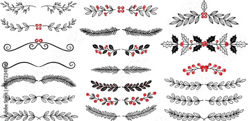 Collection of decorative floral elements and foliage illustrations in various styles and arrangements