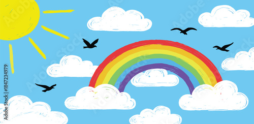 A vibrant rainbow arcs across a blue sky with fluffy white clouds and birds flying under a shining sun.