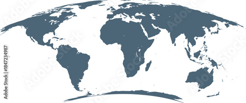 Minimalist world map illustration with all continents in blue-grey, set against a white background, representing global geography and interconnectedness