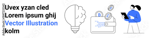 Cryptocurrency, blockchain, digital finance, fintech, innovation, technology solutions. A light bulb, digital wallet and person holding a tablet. Cryptocurrency and blockchain concepts