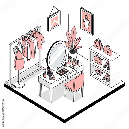 Fashionable Dressing Room with Accessories and Makeup.