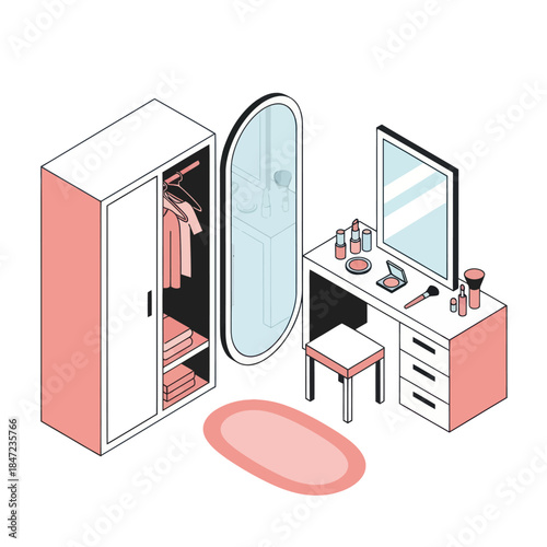 Pink Wardrobe and Vanity Table Illustration.