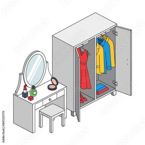 Wardrobe with Clothes and Vanity Table.