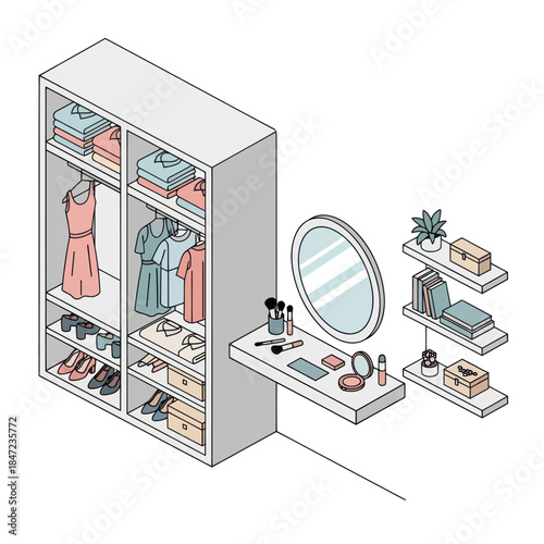 Modern Walk-in Closet with Vanity Area.
