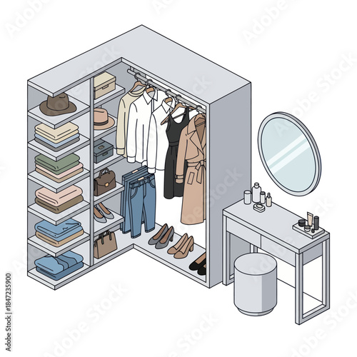 Illustration of Modern Walk-in Closet Interior.