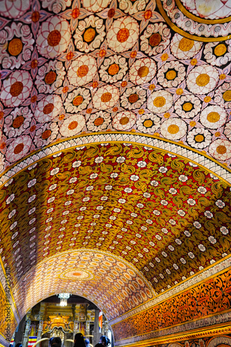 Intricately patterned painted ceiling with typical Kandyan flower motifs,in the entrance passageway to the inner shrines at the Temple of the Tooth,Sri Dalada Maligawa,built in 1595 in Kandy,Sri Lanka