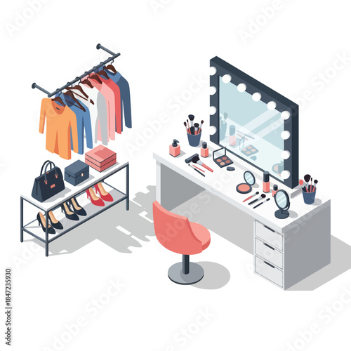 Fashion dressing room with makeup station.