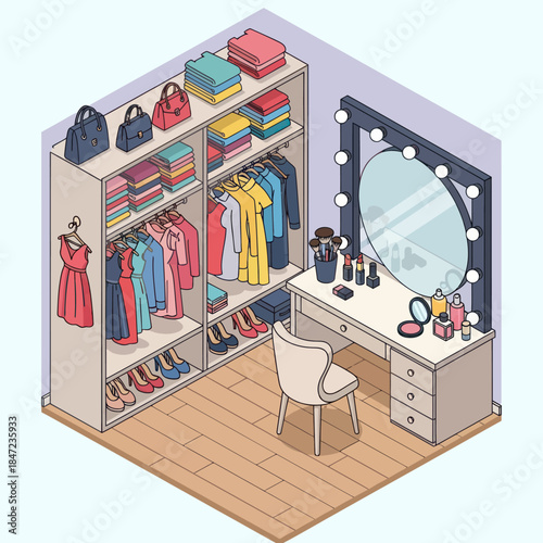 Modern Walk-in Closet with Dressing Area.