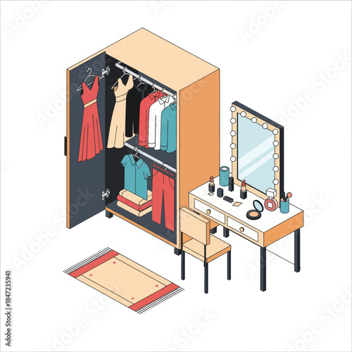 Modern Wardrobe and Vanity Illustration.