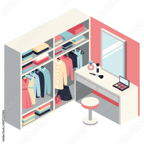 Modern Walk-in Closet with Vanity Area.