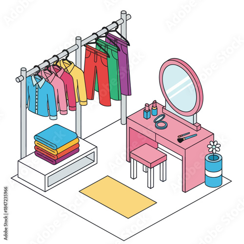 Clothing Rack and Vanity Table Setup.