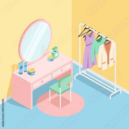 Vanity Table with Mirror and Clothing Rack.