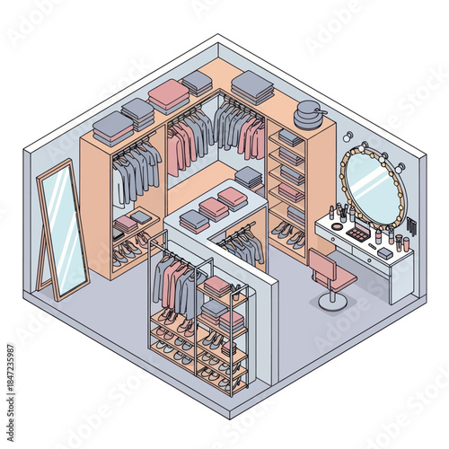 Isometric View of Modern Walk-in Closet.