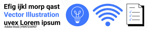 Innovation, connectivity, education, organization, communication, technology. Blue light bulb, wireless signal and checklist on a document. Innovation and connectivity concept
