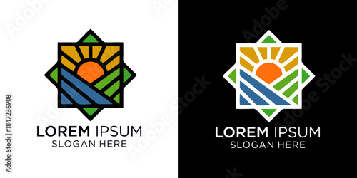 Modern logo designs with sunburst and geometric shapes of nature. Suitable for Nature Bussines Logo